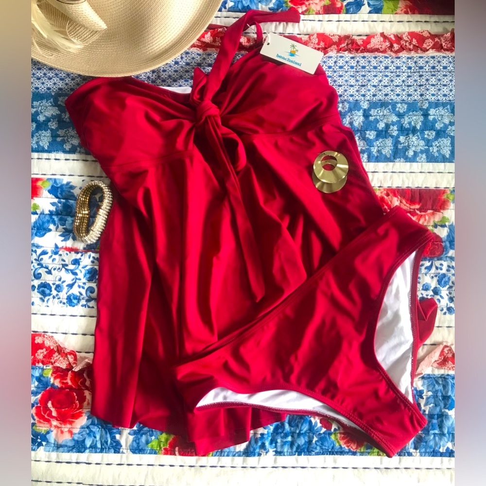 NWT Two Piece Red Halter Top Bikini Set Womens XL 16” Wide Full Coverage